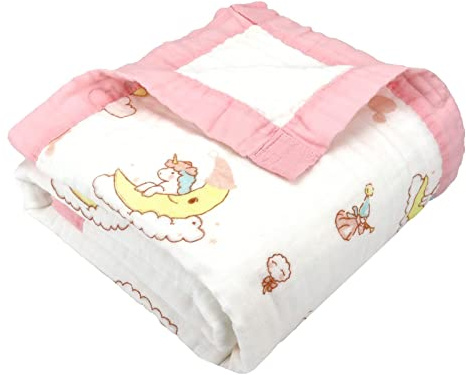 Hivia Muslinfilt 6 lager gosig filt baby bomull 110 x 110 cm muslin babyfilt wrap filt mjuk filt för badhandduk, barnfilt nyfödda unisex (måne enhörning)