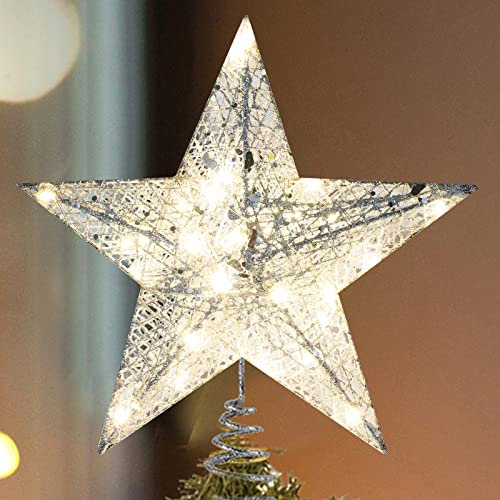Callenbach Weihnachtsbaumspitze Stern, LED-Metallstern, beleuchtet, Weihnachtsdekoration, Weihnachtsbaumschleife, beleuchtete Glitzer-Ornamente, 25,4 cm, Silber