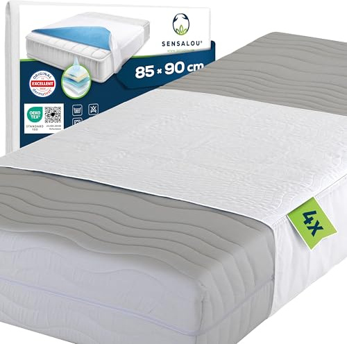 Sensalou 4-Pack Skyddsunderlägg 85x90 cm med Vingar 44 cm – Tvättbart Sängskydd, Absorberande Bäddskydd 2400 ml/m², Vattentätt Underlägg för Barn, Vuxna och Äldre