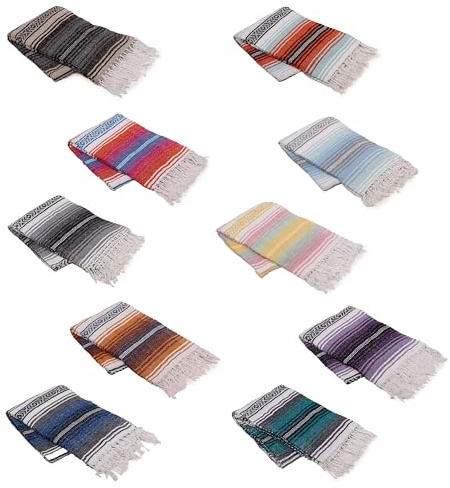 Cozumel Authentic Mexican Blankets (10-Pack) - 72x48, Woven in Mexico - Serape Throw Blanket for Yoga Studio, Outdoor Picnic/Camping/Beach, Saddle Blanket, Bed/Home Decor (Assorted, Random)
