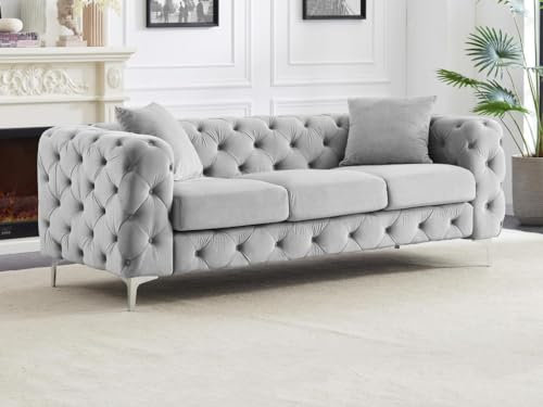 Vente-unique-Sofá de 3 plazas Chesterfield de Terciopelo Gris Claro Edwina