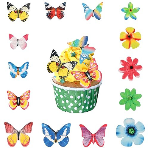 Volumoon 100 Pezzi Farfalla commestibili Cupcake Toppers, Fiori Cake Toppers Festa di Compleanno Decorazione, Decorazioni commestibili per Cupcake per Feste di Famiglia, Anniversario di Matrimonio