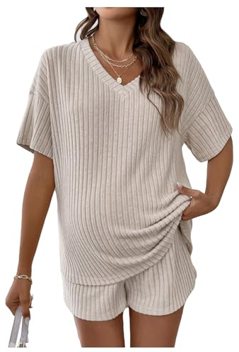SweatyRocks Women's Maternity 2 Piece Outfits V Neck Short Sleeve Top and Elastic Waist Shorts Set Apricot Large