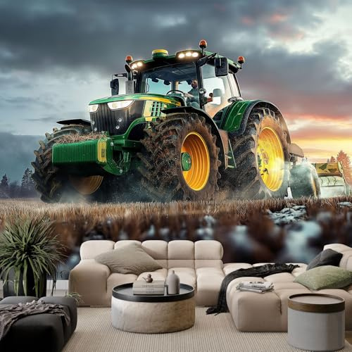 Tapete Fototapete 3d Effekt Landwirtschaftlicher Traktor 200x140cm Wandbild Wanddeko für Wohnzimmer Schlafzimmer, GrüN Vlies Tapeten mit Geruchsfreiheit Wandposter Wandkunst