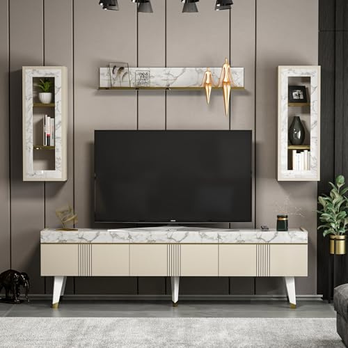 Homidea KARYA Wall Unit - Modern TV Lowboard with 3 Doors (Beige/Marble)