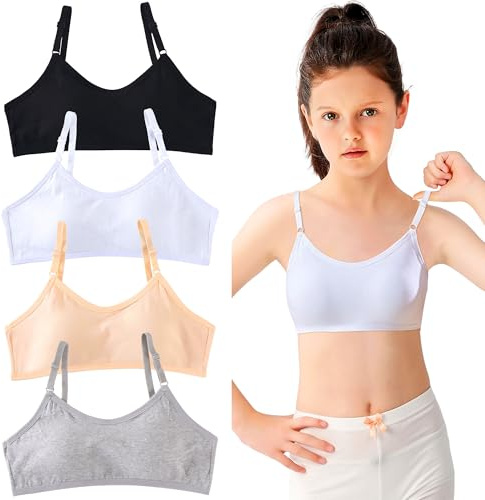 FILOWA bustier flicka tonåringar behåar bomull 4-pack topp underkläder med fast vadderad sport bralette justerbar axelrem utan bygel-BH set för 10–16 år tonåringar, flerfärgad, Nacke, 10-16 år