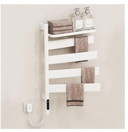 WYJRO Scaldasalviette Elettrico Bagno 180°Girevole, Termosifone Porta Asciugamani Bagno Parete Con Timer Basso Consumo,Termoarredo Bagno Con Vassoio Superiore,Bianca