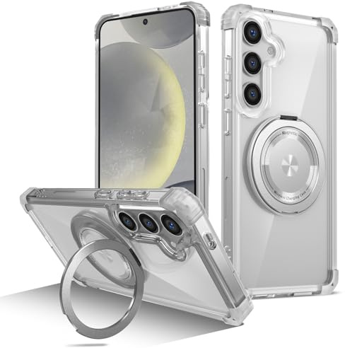 Kainevy for Samsung S24 FE Case Clear Compatible with MagSafe with Stand Metal Ring Holder Phone Cover Samsung Galaxy S24 FE Case Slim Magnetic Hard, 8X Mil-Grade Shockproof Protective (Clear)