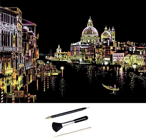 ShipeeKin Images à gratter 405 x 285mm A3 Landmark Mural Scratch Art Papier à gratter coloré avec Ensemble d’Outils (Venezia)