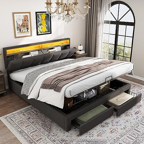 Aoskem Polsterbett 180x200 cm Doppelbett mit Stauraum und Schubladen, Kopfteil mit LED und Staufächer, Bettgestell mit Lattenrost, Hydraulisch Stauraumbett, Ohne Matratze, Leinen Grau