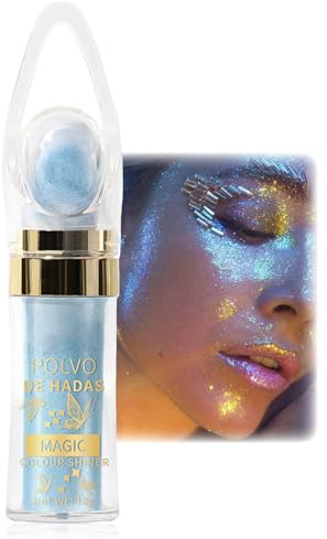 Highlighter Puder Stick, Polvo De Hadas Highlighter Patting Stick für Gesicht/Haare/Körper, Wasserfest Blau Fairy Glitzer Patting Powder mit Feiner Schimmer, Glowy Body Glitter Hochglanz Make Up Puder