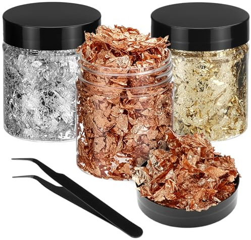 QWORK® 30g Pan de Oro para Arte, Uñas y Decoración - 3 frascos (oro, plata, cobre) de 10 g cada uno con pinzas - para decorar muebles, pintar y hacer joyas