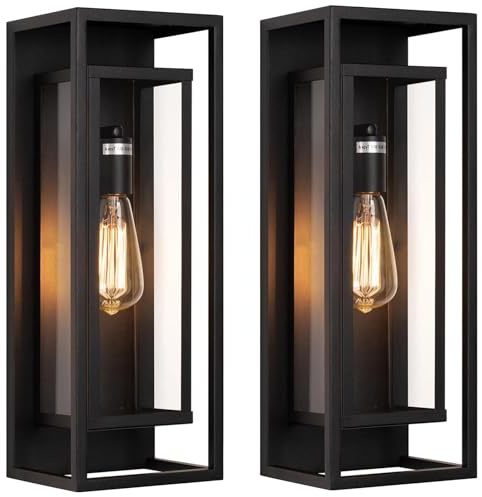 2Pack 18inch Outdoor Wall Light Fixtures,Exterior Waterproof Lanterns,Porch Sconces Wall Mounted Lighting with E26 Sockets & Glass Shades,Modern Matte Black Wall Lamps for Patio Front Door Entryway