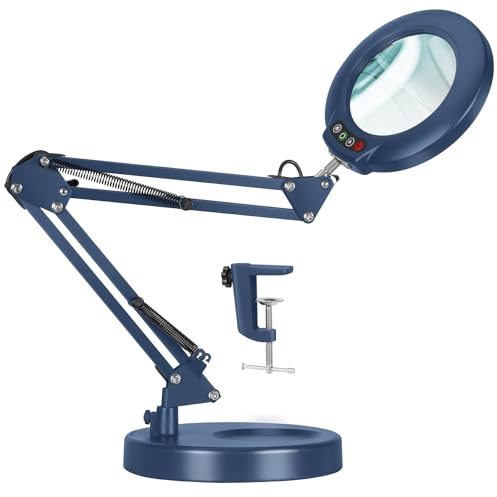 Veemagni 12X Lupe mit Licht, 5 Farbmodi Stufenlos Dimmbar 2-in-1 Schreibtischlampe und Klemme, LED Beleuchtete Lupe mit Licht und Ständer, Lupenleuchte zum Nähen Handwerk Hobby Malerei- Blau