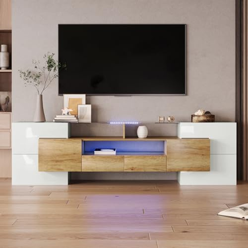 Fppuueg Mueble TV de 200 cm, Mueble TV Salon de 80 Pulgadas con Iluminación LED y 4 Puertas, Muebles de Salon con 2 Cajones y 3 Compartimentos, Mesa TV, Natural y Blanco