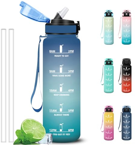 Grsta Gourde Sport 1 litre, Gourdes avec Paille, Verrou de Sécurité, Gourde Graduée pour 1 Journee, avec Marqueur de Temps, Anti Fuite Bouteille Motivation pour Randonnée, Bureau, Gym