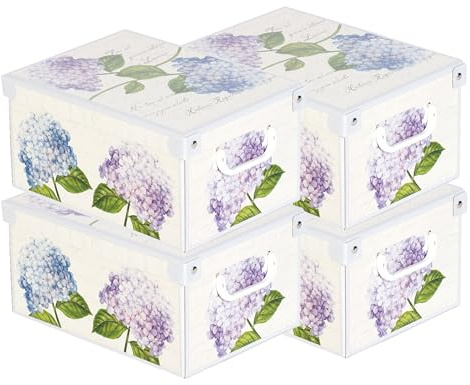 Lavatelli Set aus 4 Aufbewahrungsboxen mit Deckel – Große Kleiderboxen aus Karton 25x35x17,5 cm – Robust, leicht zu montieren, mit Tragegriffen – Perfekt für Kleiderschrank & Saisonwechsel Hortensien | Platzsparender Organizer für Wäsche und Kleidung, ideal für Wechsel von Saison und Kinderzimmer, hergestellt in Italien