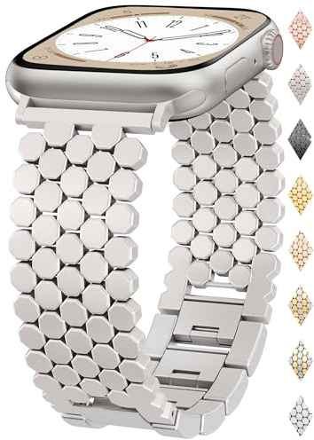JJii Sung Bienenwaben Design Metall Armband für iWatch Armband 38/40/41/42/44/45/46/49mm, Elegantes Damen Gliederarmband Kompatibel mit iWatch Serie 11 10 9 8 7 6 5 4 3 2 1 Ultra SE
