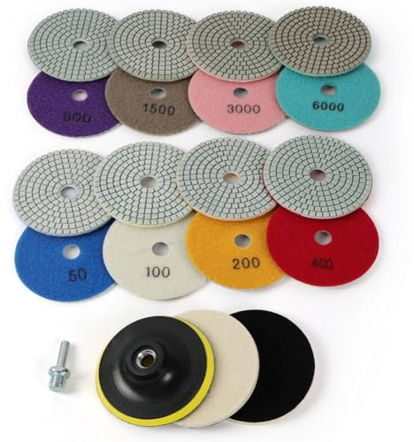 URAQT 11pcs Discos de Pulido de Diamante, 4/100mm almohadillas de pulido de diamante húmedo 50 100 200 400 800 1500 3000 6000, Juego de Pulido de Mármol para Hormigón Granito Piedra Mármol