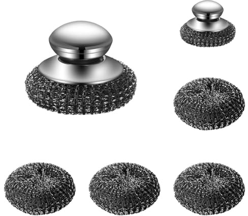 Stainless Steel Scourer With Handle, Steel Wool Scrubber with Replacement Pads, 10 CM Stainless Steel Scrubber, Big Metal Wire Wool for Cleaning Kitchen Pots Pans Grills Sink (2A+4B)