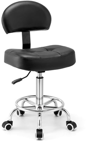 YEEZEE Breiter Rollhocker mit Lehne Höhenverstellbar für Salon, Tinte | Bequemes 9cm Sitzkissen, 45x34cm Sitzfläche, 51-64cm Verstellbar, 120kg Traglast, PU-Leder, 43cm Basis, für Kosmetik & Büro