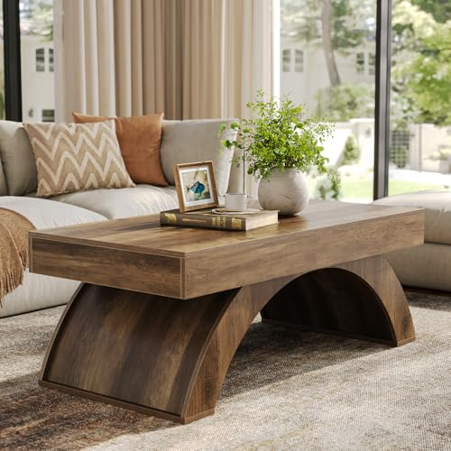 Tribesigns Modern Coffee Table, 47” Living Room Table, Rectangle Coffee Table with Artistic Arched Base, Industrial Wood Center Table for Living Room, Apartment, Bedroom, Rustic Brown