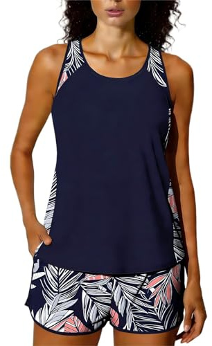 Maillot De Bain 2 Pièces pour Femme Ensembles De Tankini à Deux Bretelles sans Manches Rembourré Athlétique Et Modeste Assorti d'un Short Boxer à Imprimé De Palmiers Maillot De Plag