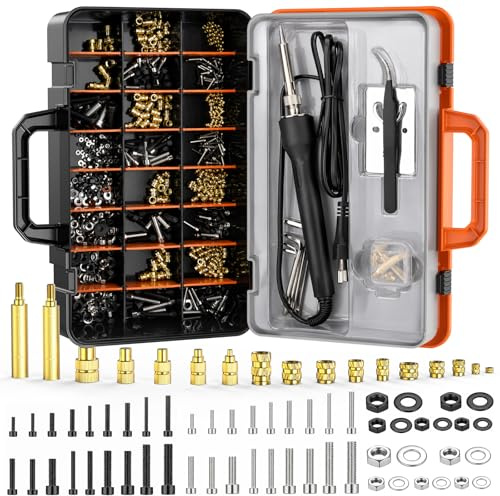 Preciva Threaded Inserts Set, 750Pcs Heat Set Inserts Nuts Bolts with M2 M3 M4 M5 M6 Insert-Tip, 60W Soldering Iron, Tweezer and Holder, for 3D Printer Parts or Plastic Parts