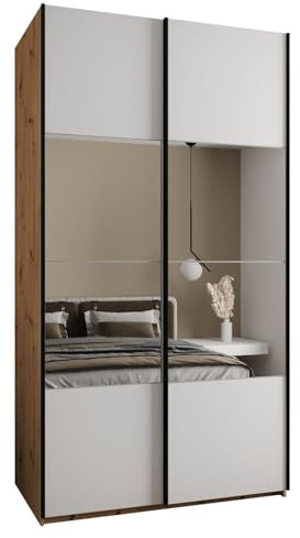 ABIKSMEBLE LUX 4 Armoire à 2 Portes Coulissantes avec Miroir Elégant au Milieu de la Façade - Fermeture Silencieuse - Système HETTICH Topline L - 245,5x140x64cm - Artisan, Blanc, Noir