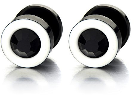 2 Blanco Negro Enchufe Falso Fake Plug, Pendientes de Hombre Mujer, Aretes, Acero Inoxidable, con Negro Circonita 4MM