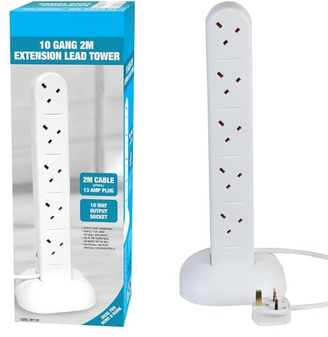 10 Way Gang 2m Mains Extension Tower Lead With Surge Protection - Cable Plug Socket Uk | 13 Amp (250v Ac) | Heavy Duty Multi Socket Plug Amp Switched Reels Indoor and Outdoor - Surge Protected