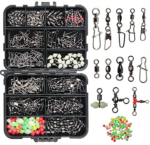 JSHANMEI Fishing Swivels Kit - Ball Bearing Swivel, Rolling Barrel Swivel, Crossline Three Way Swivel, Duo Lock Snap, High Strength Fishing Line Connector for Bass Trout Saltwater Freshwater