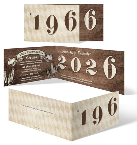 10-100x Individuelle 60. Geburtstag Einladungskarten 2026 Klappkarten DIN Lang (210x98mm) - Bayerisches Holz