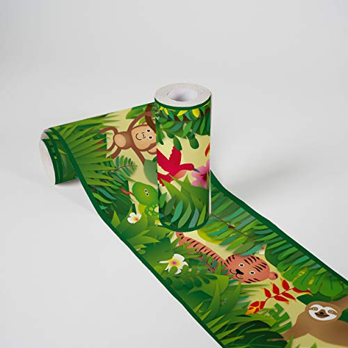 A.S. Création Lovely Kids Bordüre selbstklebend Jungle Friends Wandbordüre mit niedlichen Dschungel Tieren für Babyzimmer Wandtattoo für Mädchen und Jungen in grün, hellgelb, braun, lila