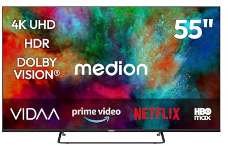 MEDION 138.8 cm 55 Téléviseur Ultra HD Smart TV Dolby Vision HDR Dolby Atmos Vida Store Prime Video Disney+ DAZN HbbTV PVR Bluetooth HD+, MD855302
