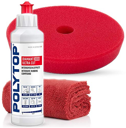 detailmate POLYTOP Premium Politur Set zur professionellen Autoaufbereitung, Exzenter Set: auch für Einsteiger geeignet (DIAMANT 3000 ULTRA CUT 250ml + PAD HART 140mm + POLIERTUCH)