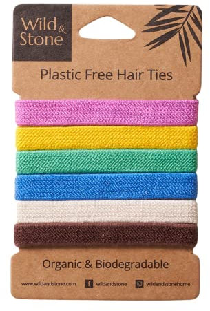 Wild & Stone 6 Stück | 100% biologisch abbaubar und plastikfrei elastische Haargummis | 100% Bio-Baumwolle und natürlicher pflanzlicher Gummi | keine Falten Pferdeschwanzhalter (Multi)