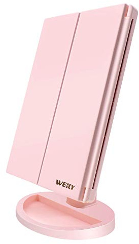 WEILY beleuchteter Kosmetikspiegel 1x / 2X / 3X Vergrößerungs-Trifold mit 36 LED-Lichtern, Touchscreen und USB-Aufladung, um 180 Grad Verstellbarer Ständer für kosmetischen Make-up-Spiegel (Pink)