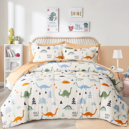 Joyreap Bed in a Bag Cotton, Dinosaur Reversible Design, Queen Size 7-Piece Cotton Bedding Comforter Set for Kids Boys n Girls- 1 Comforter, 2 Pillow Shams, 1 Flat Sheet, 1 Fitted Sheet, 2 Pillowcases