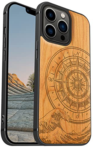 Carveit Coque pour iPhone 13 Pro Étui Bois, (Cerise-Kanagawa Waves) | Magnétique Case [Antichoc Pare-Chocs en TPU Souple] Étui en Bois de Téléphone Compatible Magsafe iPhone 13 Pro Coque