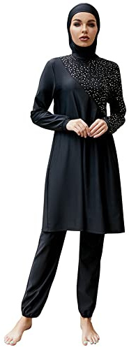 OBEEII Muslimische Bademode Badeanzug Full Cover Bescheidene Badebekleidung Modest Muslim Swimwear Beachwear Burkini Langärmliges Tops und Hose mit Hijab 3-Teilige Bademode Sets Schwarz05 L