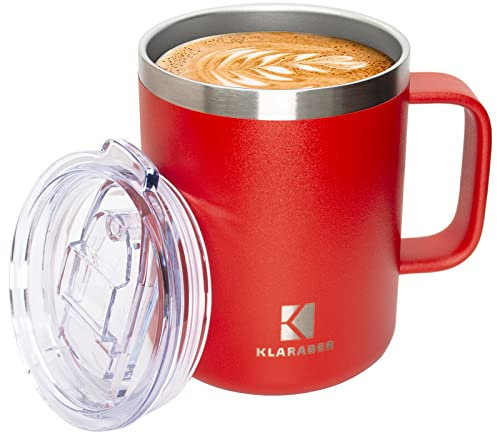 Klaraber Thermal Mug, Insulated Coffee Mug with Handle and Lid, Insulated Camping Mug, Double Walled Stainless Steel Beer Mug, Spill Proof, Reusable, 350ml / 12oz(Red)