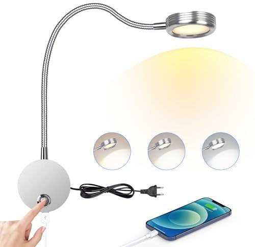 Leselampe Wandmontage, LED Bettleuchte Wandleuchte mit Touch Button Einstellbar Licht 3000-6000K, 4W Bettlampe 360° Flexible Schwanenhals Lampe mit USB-Ladeanschluss für Bett, Schlafzimmer, Silber