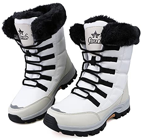 KUWIBY Winter Boots Women Snow Boots Waterproof Non-Slip Comfy Flats Warm Fur Lining Booties Ladies Outdoor Soft Lightweight Lace Up Walking Shoes Size 3 White