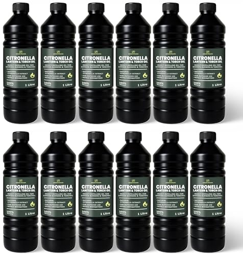 CUQOO Citronella Oil for Garden Burners - Torch & Lamp Oil - 12x1L Packs | SCENTED LANTERN FUEL: pest control · insect repellent · mosquito repelling · outdoor patio · firepot use · long burn time
