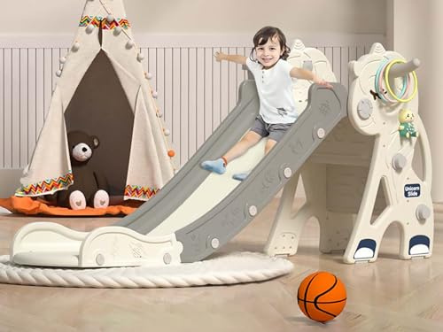 Kids Slide for Toddler - 4 in 1 Indoor Plastic Freestanding Slide for Toddler Outdoor Playground Climber Slide Playset with Basketball Hoop & Ring Game (Unicorn White)