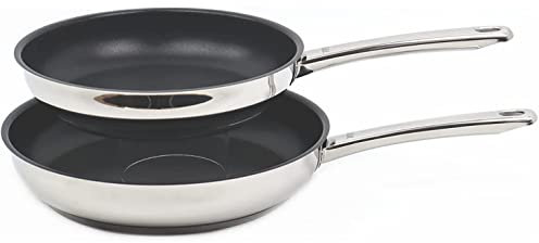 Silit Calabria Pfannen Set Induktion 2-teilig, 2 Bratpfannen 24, 28 cm, polierter Edelstahl, Antihaftversiegelung, backofengeeignet, wärmereduzierender Griff, breiter Schüttrand, induktionsgeeignet