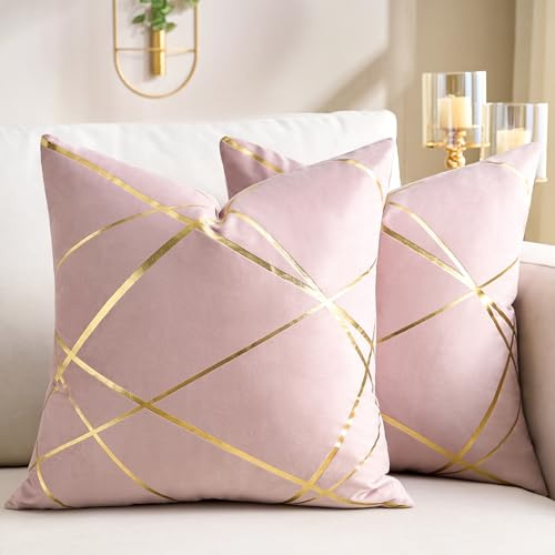 Samt Kissenbezug 50x50 cm Rosa 2er Set Golden Geometrie Sofakissen Dekokissen Kissenhülle Couchkissen Outdoor Dekorative Kissen Kissenbezüge Moderne Zierkissen Bezug für Schlafzimmer Sofa Bett