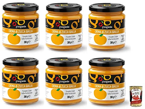 6x Grangusto Crema di Zucca Gialla,Gelbe Kürbiscreme,Gemüse aus Italien,Ideal für die Zubereitung von Risottos und Pasta,280g Glas + Italian Gourmet Polpa di Pomodoro 400g Dose