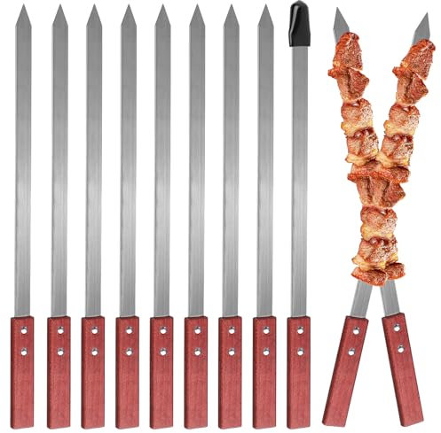 LALAGO 10 brochetas planas de acero inoxidable, 59,4 cm, brochetas Adana, brochetas para barbacoa, brochetas extralargas, pinchos para carne, tenedor de carne, pinchos de metal, accesorios para